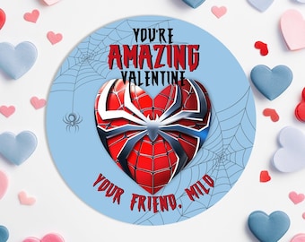 Spider Heart Superhero Man Valentine's Day Stickers, Customized 2.5  Inch Classroom Valentines Kids Stickers