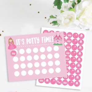 May include: Pink and white potty training chart with a princess illustration and the text "It's Potty Time!"  The chart has 30 circles for stickers. A sheet of pink stickers with princess-themed images is included.