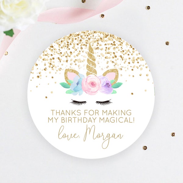 Unicorn Horn Birthday Favor Stickers, Unicorn Magical Birthday Favor Tags, Girl Bithday Party Favors Customized 2 Inch Party Favor Stickers