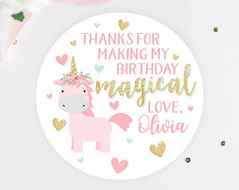 Unicorn Birthday Stickers, Customized 2 Inch Party Favor Stickers