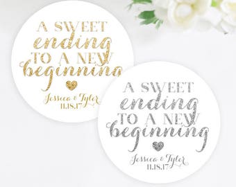 A Sweet Ending to a New Beginning Wedding Favor Sticker, Gold Glitter, Silver Glitter, Favor Stickers, Mint to Be, Wedding Stickers, 2 inch