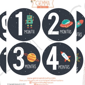 May include: Set of six black and white baby milestone cards with space-themed illustrations. The cards feature a robot, a spaceship, a planet, a rocket, and stars. The numbers 1 through 4 are printed on the cards, along with the word "month".
