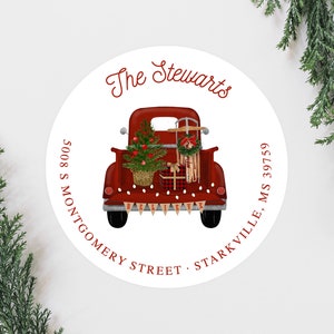 Kerst boerderij Truck Adres Labels, Cute Bow Krans kerstadres labels, ronde 2 inch terugkeer adres labels