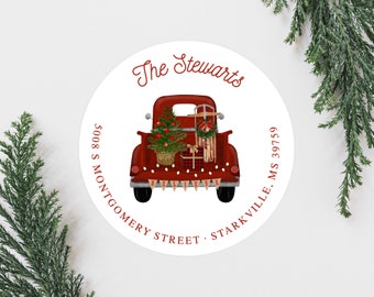 Christmas Farmhouse Truck Address Labels, Cute Bow Wreath Christmas Address Labels, Round 2 Inch Return Address Labels