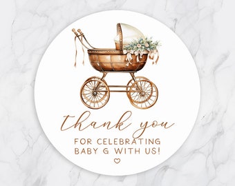 Baby Carriage With Flowers Baby Shower Favor Stickers, Shower Favor Tags, Boho Style, Minimalist, Neutral Girl