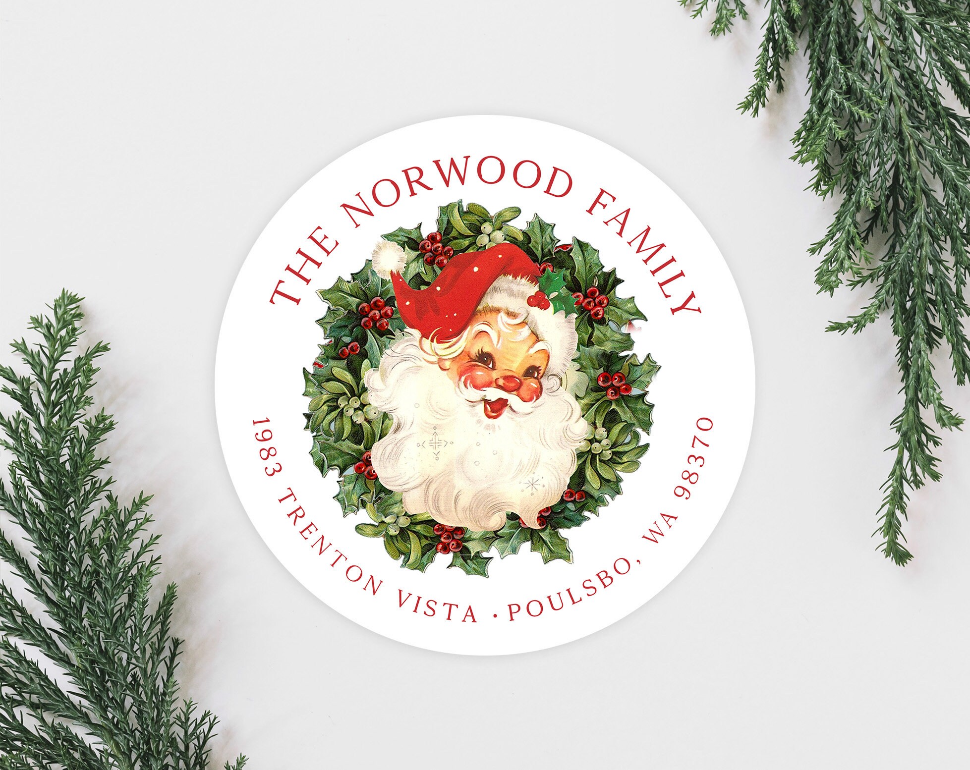Christmas Vintage Santa Holiday Address Labels, Cute Farmhouse Christmas Card Address Labels, Round 2 Inch Return Address Labels