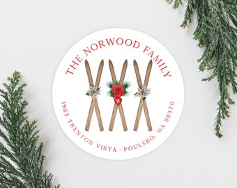 Christmas Skis Holiday Address Labels, Cute Farmhouse Christmas Card Address Labels, Round 2 Inch Return Address Labels