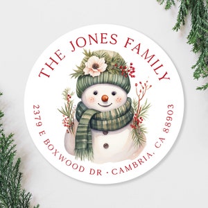 Adresstickers sneeuwpop en bessen, schattige kerstadresstickers sneeuwpop, ronde retouradresstickers 2 inch