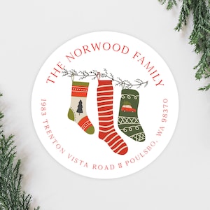 Kerst drie kousen vakantie adres labels, leuke boerderij kerstkaart adres labels, ronde 2 inch retour adres labels