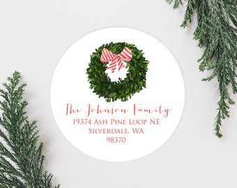 Christmas Wreath Holiday Address Labels, Cute Bow Wreath Christmas Address Labels, Round 2 Inch Return Address Labels