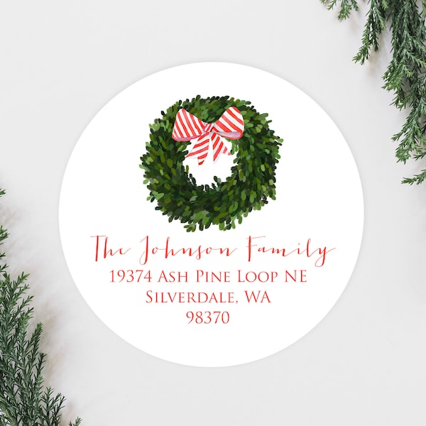 Christmas Wreath Holiday Address Labels, Cute Bow Wreath Christmas Address Labels, Round 2 Inch Return Address Labels