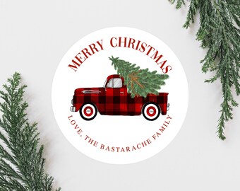 Christmas Buffalo Check Truck Gift Sticker Labels, Cute Wreath Christmas Present Tag Stickers, Round Christmas Gift Stickers