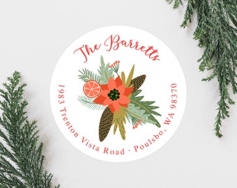 Floral Christmas Labels, Cute Bow Wreath Christmas Address Labels, Round 2 Inch Return Address Labels