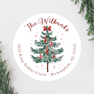 Adresstickers kerstboom, leuke strik kerstadresstickers, rond retouradresstickers 2 inch