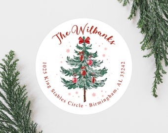 Christmas Tree Address Labels, Cute Bow Wreath Christmas Address Labels, Round 2 Inch Return Address Labels