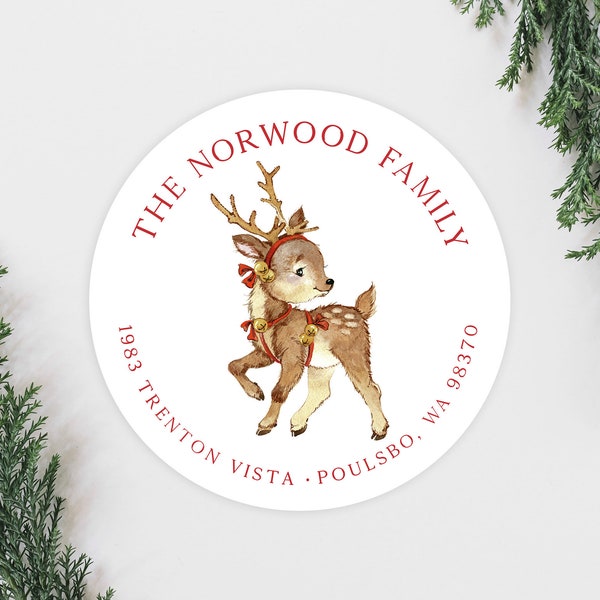 Christmas Baby Deer Holiday Address Labels, Cute Farmhouse Christmas Card Address Labels, Round 2 Inch Return Address Labels