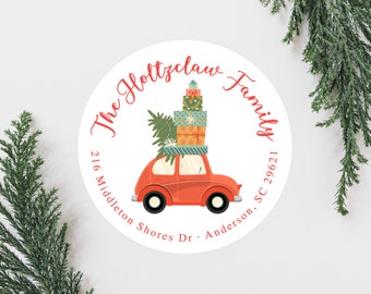 Car Christmas Labels, Cute Bow Wreath Christmas Address Labels, Round 2 Inch Return Address Labels