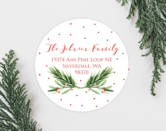 Christmas Holly Holiday Address Labels, Wreath Christmas Card Address Labels, Round 2 Inch Return Address Labels