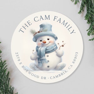 Etiquetas de endereço bonitos do boneco de neve do azul claro do natal, etiquetas de endereço bonitos do natal do homem da neve, etiquetas de endereço de retorno redondas de 2 Polegada