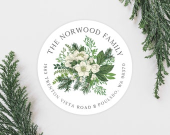 Christmas White Flowers Holiday Address Labels, Cute Farmhouse Christmas Card Address Labels, Round 2 Inch Return Address Labels