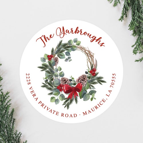Christmas Floral Holiday Address Labels Cute Bow Wreath Etsy