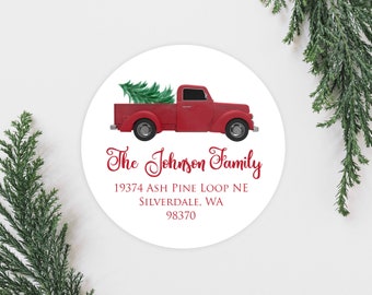 Christmas Truck Holiday Address Labels, Cute Pickup Truck Christmas Card Address Labels, Round 2 Inch Return Address Labels