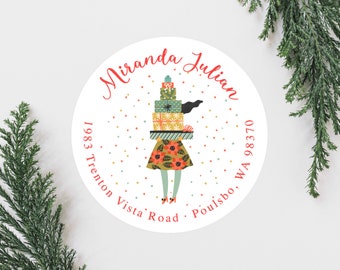 Woman Holding Gifts Christmas Labels, Cute Bow Wreath Christmas Address Labels, Round 2 Inch Return Address Labels