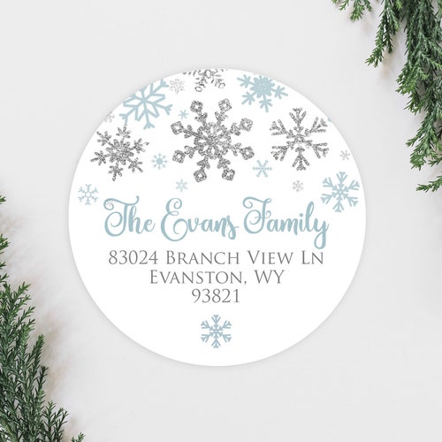 Winter Snowflake Holiday Address Labels, Cute Silver Faux Glitter Snow Christmas Card Address Labels, Round 2 Inch Return Address Labels