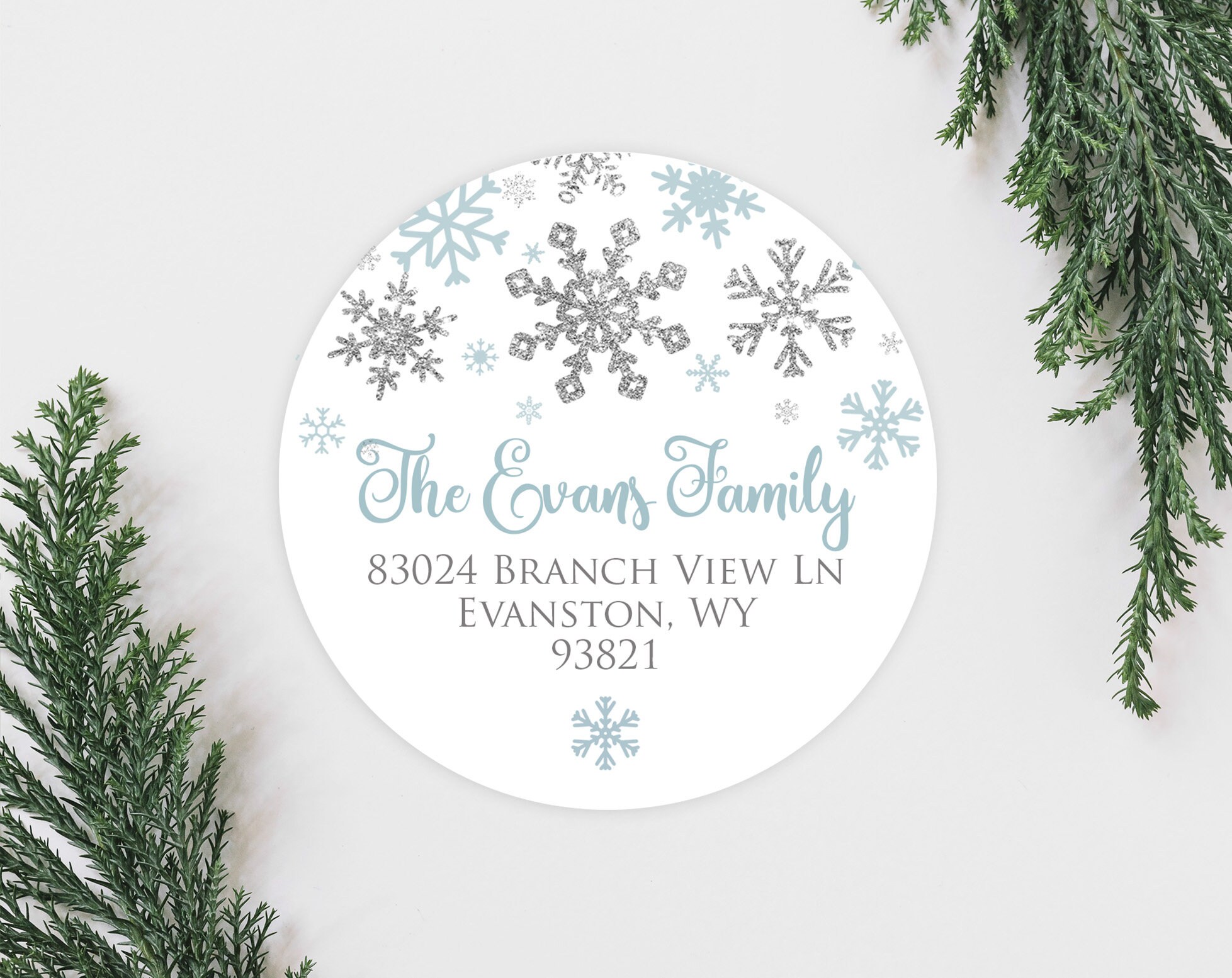 Winter Snowflake Holiday Address Labels, Cute Silver Faux Glitter Snow Christmas Card Address Labels, Round 2 Inch Return Address Labels