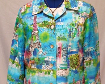 Coldwater Creek Vintage, PXL, watercolor Aqua & Pink Paris themed jacket or blazer, Linen/Rayon blend, lined, MOP buttons