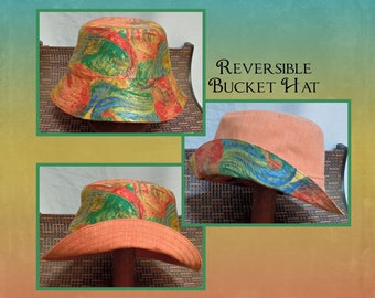 Bucket Hat, upcycled abstract upholstery fabric or vintage brushed denim, Reversible, OOAK, beach, gardening, cruise, retro, fishing hat