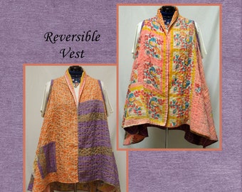 Vintage Kantha vest, Orange & Purple Abstract or Pink and Gold Birds, Reversible, OOAK, cotton, onesize large to 2X, boho, hippie, hoodie