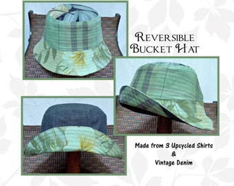 Bucket Hat, upcycled Hawaiian floral and plaid shirts or vintage black Denim, Reversible, OOAK, beach, gardening, cruise, retro, fishing hat