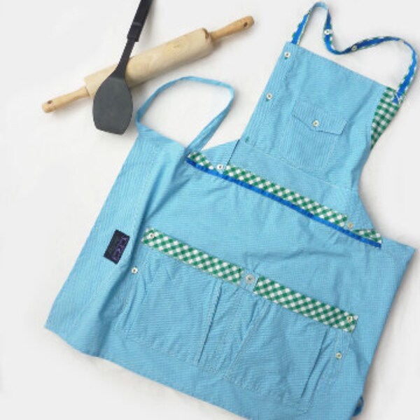 Upcycled Apron, Repurposed Apron, Reworked Men's shirt apron, Aqua gingham upcycled shirt, Unique housewarming gift, Mother's Day Gift