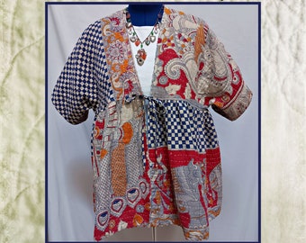 Vintage Kantha quilt babydoll jacket, lightweight, cotton, Navy Blue check, Elephants, onesize medium up to 1X, boho, hippie, tie closure