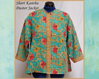 Vintage Kantha quilt jacket, teal and coral floral, onesize up to 1X plus, boho, hippie, OOAK