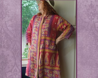 Vintage Kantha quilt duster jacket, pink and purple floral or red gold & blue paisley, Reversible, onesize up to 1X plus, boho, hippie, OOAK