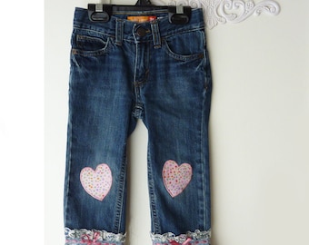 Upcycled Toddler Jeans: Lace Hem, Heart Applique, Size 3T, Old Navy brand