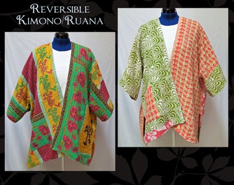 Reversible Vintage Kantha quilt kimono, green gold pink floral or pink green paisley, onesize plus size to 4X, hippie, ruana, patch pockets
