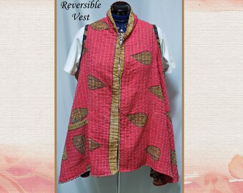 Reversible Vintage Kantha vest, pink gold or red beige black abstract, ooak, lightweight, cotton, onesize large to 2X, boho, hippie, hoodie