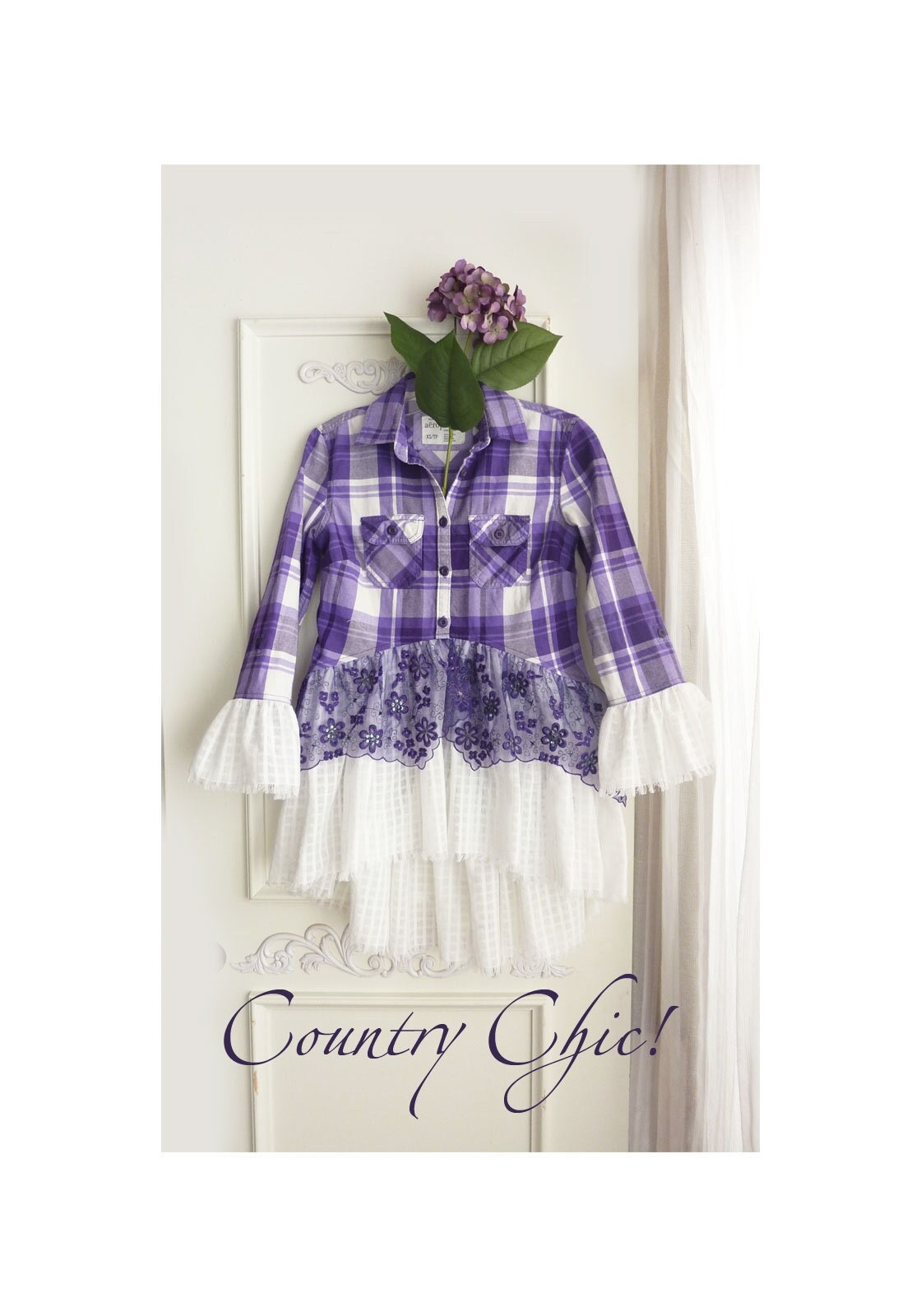 Boho Flannel Shirt, Purple Lace, Country Chic, Tween Size/xs