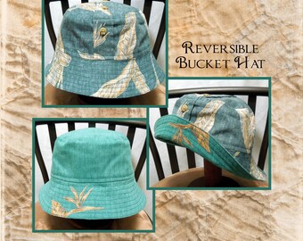 Bucket Hat, upcycled Hawaiian floral shirt or vintage teal brushed Denim, Reversible, OOAK, beach hat, gardening, cruise, retro, fishing hat