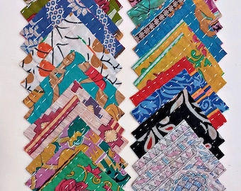 Vintage Kantha Quilt Squares: 30 Reversible Boho Fabric Patches, 4.5" squares