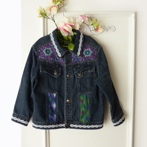 5T Denim Jacket, Oshkosh Girl’s clothing, Upcycled clothing for children, reworked kids denim jacket, lace & sequin trim, eco-friendly, OOAK
