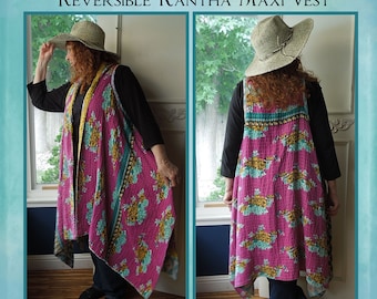 Reversible Vintage Kantha quilt midi or maxi vest, lightweight, Magenta floral or Turquoise geometric, 1 size up to 2X plus, hippie, boho