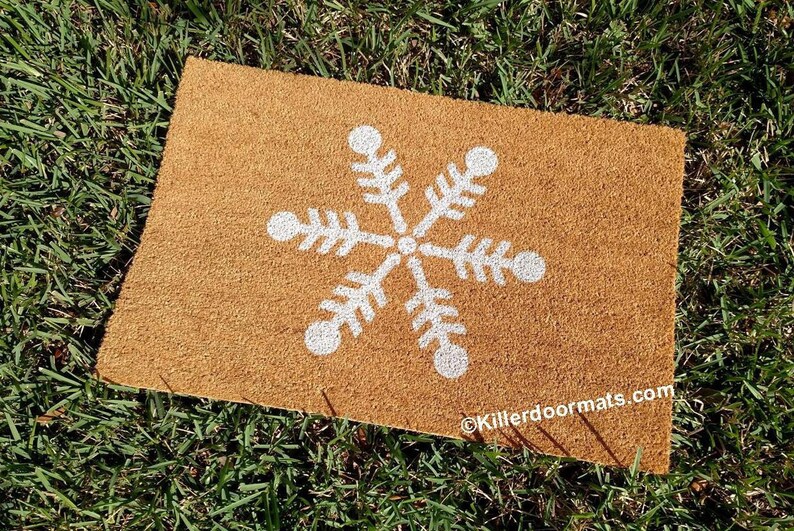 Winter Snowflake Custom Hand Painted Holiday Seasonal Welcome Doormat by Killer Doormats
