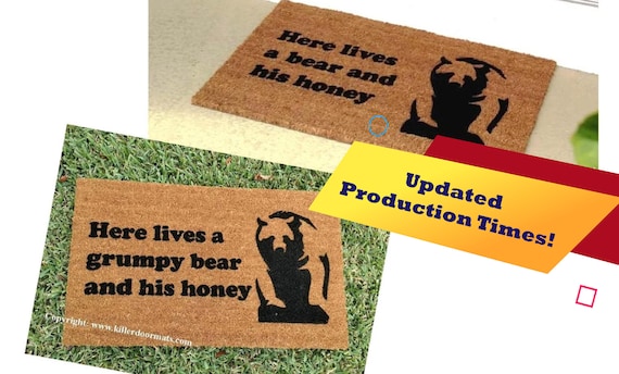 Here Lives A Grumpy Bear (or Not) And His Honey Funny Custom Hand Painted Welcome Door Mat by Killer Doormats