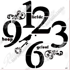 May include: Black and white stencil with numbers 1, 2, 3, 6, and 9. The numbers are stylized with decorative flourishes and the words "liefde", "hoop", and "gelooof" are included.