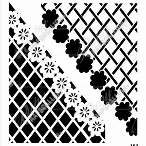 Könnte beinhalten: Schwarz-weiße Schablone mit einem geometrischen Muster aus Quadraten und einem floralen Muster. Die Schablone ist mit 163 nummeriert.