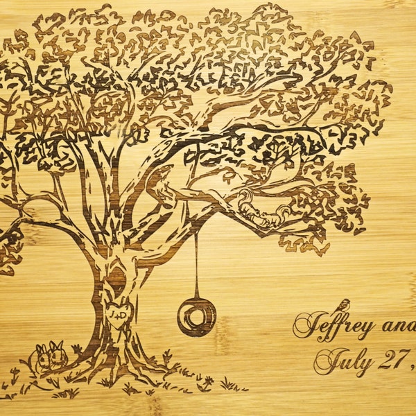 Custom for Megan, Engraved Cutting board, Personalized Wedding Gift, 5th Anniversary Gift, Bridal Shower, Tree with Swing Bamboo board
